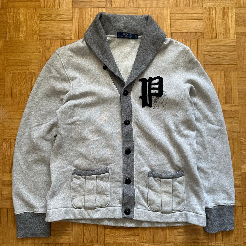 Polo Ralph Lauren Shawl Cardigan Large Gray Varsity Fleece Sweatshirt P Wing